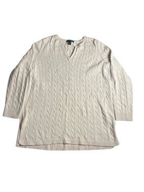 Lauren Ralph Lauren Women's Ivory Cable Knit Cotton Sweater 1X V-Neck 3/4 Sleeve
